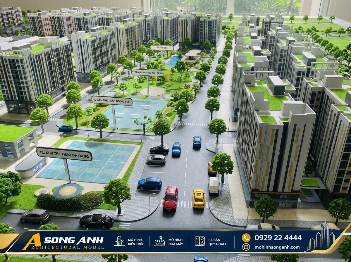 Chi tiết mô hình chung cư cao tầng và xe mô hình thu nhỏ tại xưởng Song Anh
